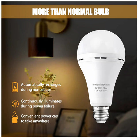 Emergency Rechargeable Light Bulbs Six Pack For Power Outages A21 9W displayed beside wall lamp and features list