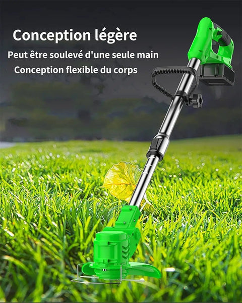 Cordless 24V Grass Trimmer And Lawn Mower with safety cover in a garden
