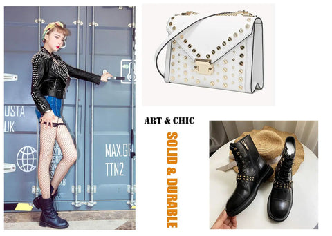 Hella Tough Badass Brass Chicago Screws And Rivets For Heavy Duty Bookbinding Leather Gear Purses Belts Shoes DIY Builds Smooth Ten Millimeter Gunmetal Metal Fasteners That Stick Around featured with leather jacket, chic bag, and stylish boots