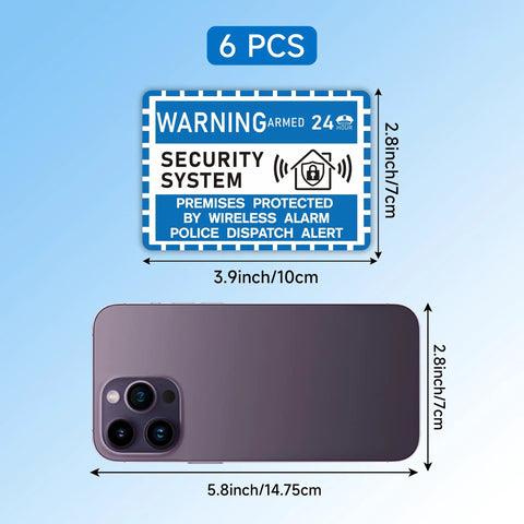 Six-Pack Includes Six Security Alarm Sign Stickers Weatherproof Self-Adhesive 24 Seven Warning For Doors And Windows Indoor Outdoor Use 3.9 By 2.8 Inches Thick Durable Vinyl Peel-And-Stick For Home Office Shop displayed with phone for scale