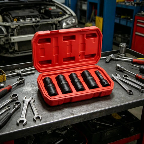 Heavy Duty 5 Piece Tire Socket Wrench Set For Lug Nut Removal With 12 Inch Drive Adapter Double Ended Chrome Molybdenum Steel Kit in red case