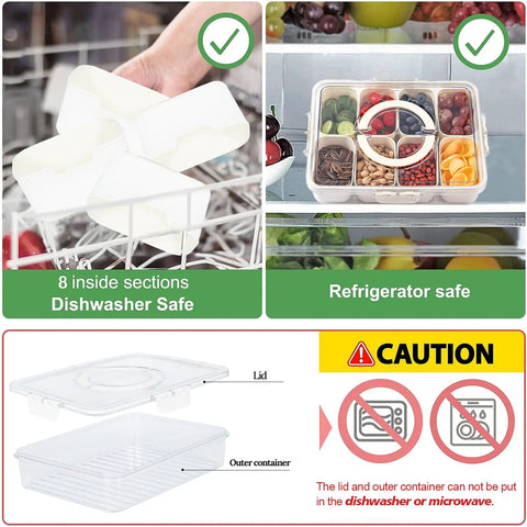 Two Pack Divided Snack Box With Clear Lid And Handles Portable Charcuterie Tray shown with dishwasher and refrigerator safe sections