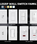 Assorted wall switch family display including rocker paddle and sensor switches with different designs and colors.