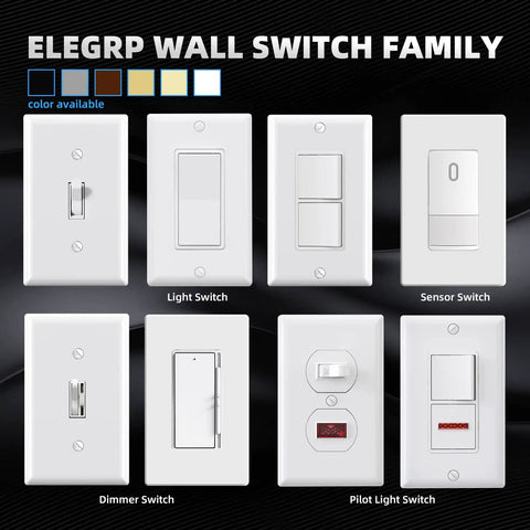 Assorted wall switch family display including rocker paddle and sensor switches with different designs and colors.