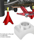 Universal Hydraulic Jack Axle Adapter Lifting Saddle, 6061-T6 Billet Aluminum, Fits Axles Up To 3 Inches, in use with floor jack.