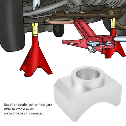 Universal Hydraulic Jack Axle Adapter Lifting Saddle, 6061-T6 Billet Aluminum, Fits Axles Up To 3 Inches, in use with floor jack.
