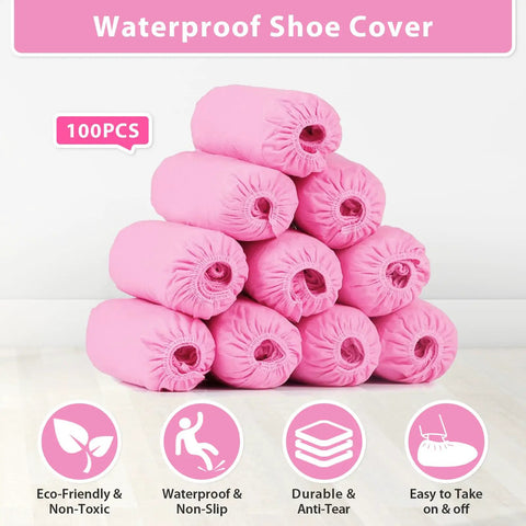 Stack of pink 100 Pack Disposable Indoor Shoe Covers Non Slip Durable Recyclable Non Woven Booties One Size Fits All