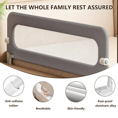 47-Inch Toddler Bed Rail For Crib To Big Kid Beds, Universal Fit, reinforced steel frame, and breathable mesh shown on bed