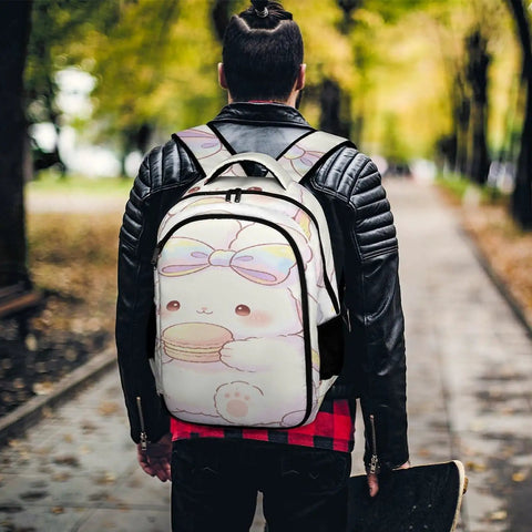 Person wearing a Rainbow Bow Kawaii Rabbit Printed Unisex Backpack With Large Capacity Durable Polyester School Bag