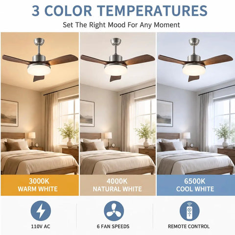 MADISH 42 Inch Ceiling Fan with Lights and Remote displayed in three color temperatures: warm white, natural white, and cool white.