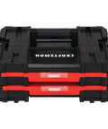 Front view of a Heavy Duty Plastic Tool Box With Drawers And Stackable Organizer System, featuring removable dividers for small parts.