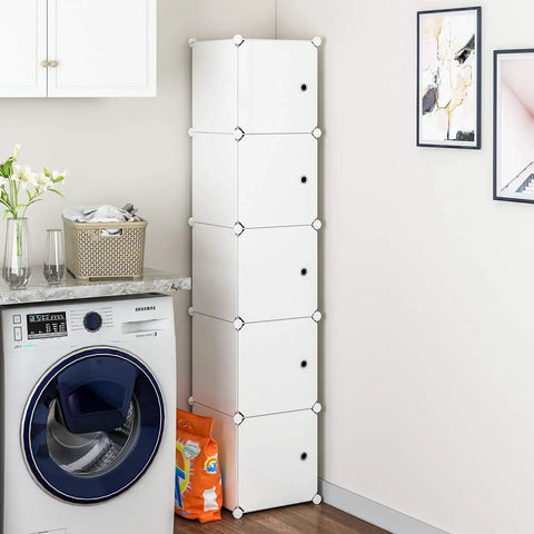 Five Cube Organizer Narrow Cabinet Shelves With Doors 11.8 Inch Cubes Plastic Storage Rack in laundry room corner