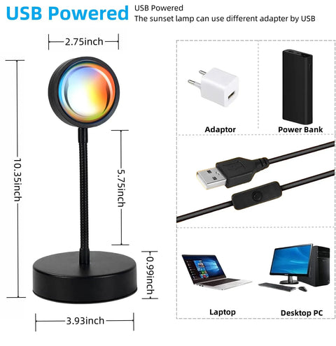 Sunset Lamp Projector With RGB LED Lights, 360 Rotating Mood Light For Bedroom, USB powered, shown with connection options.