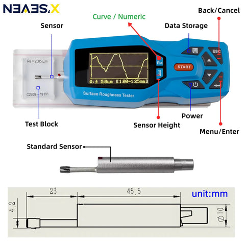 Handheld Surface Roughness Tester Digital Profilometer For Ra Rz Rt Measurements With USB Data Export Ideal For Metal Coating And Plastic QC Pro Grade On The Go Portable Precision Inspection Tool with sensor and 45.5 mm probe