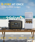 On The Go Portable Power Station 296Wh Backup Battery With 20ms UPS 300W Pure Sine Wave AC Outlet on beach table next to cooler