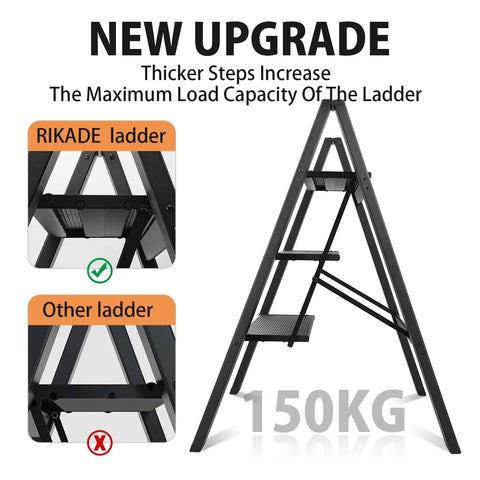 3 Step Folding Aluminum Ladder With Wide Anti Slip Pedals Portable Lightweight Step Stool For Home And Office Use Kitchen 330 Lb Capacity Black With Non Slip Rubber Feet For Extra Stability, showing thicker and stronger steps for increased load capacity.