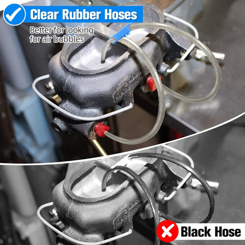 Master Cylinder Bleeder Kit Replacement For 13911 With 22 Inch Clear Hose Clips SAE And Metric Fittings shown with clear hoses