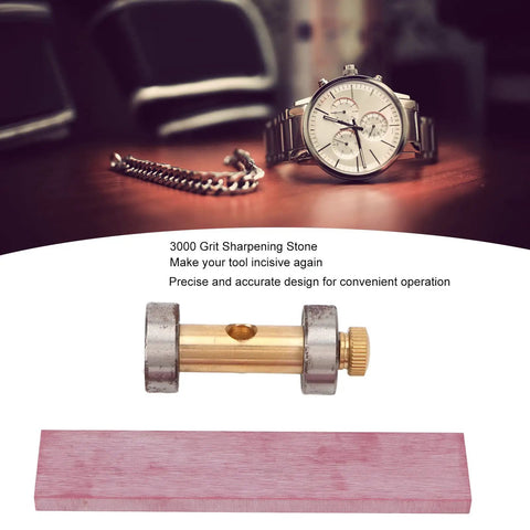 Pro Grade Watch Screwdriver Sharpening Set with 3000 grit copper stone displayed with a silver watch on a desk