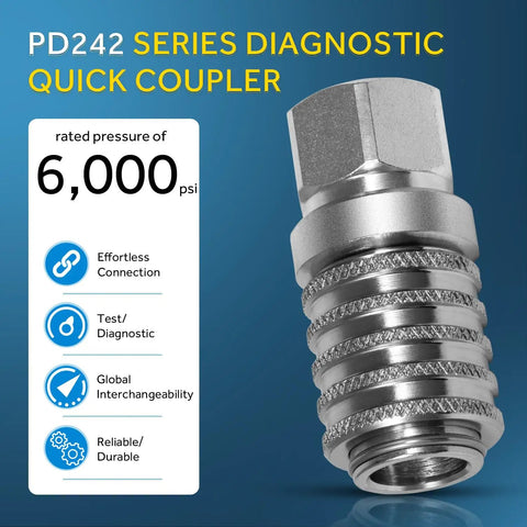 Steel Test Port Quick Coupler For Diagnostic Gauges And SensoControl Meters, Push To Connect, PD242 series, stainless steel