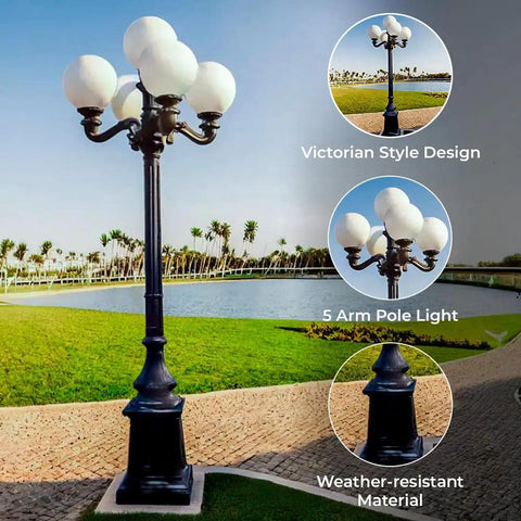 9.5 Ft Five Arm Victorian Outdoor Post Light in Black Finish with Shatterproof Globe Shades by a Lake