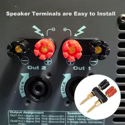 Four Pack Long Threaded Dual Banana Plug Speaker Terminals With Nailed Down Performance And Zero Hassle Wiring For Serious Homemade Audio Setups That Sound Dang Amazing on a speaker back panel.