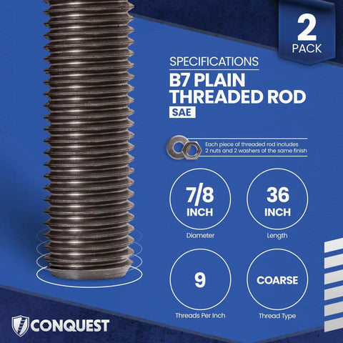 Grade B7 Unfinished Threaded Rod 7 Eighths Inch Diameter 36 Inch Length 9 TPI Coarse UNC All Thread Rod 2 Pack.