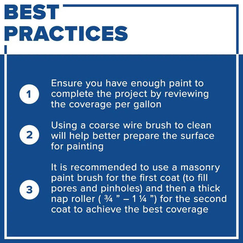 Best practices instructions for Water Block Acrylic Masonry Waterproof Paint White One Gallon discussed in bullet points.