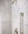 18 Inch Bathroom Safety Grab Bar In Brushed Nickel Stainless Steel, 1.25 Inch Diameter, ADA Compliant, mounted near showerhead