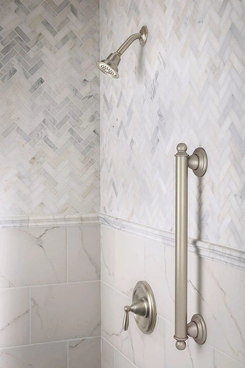 18 Inch Bathroom Safety Grab Bar In Brushed Nickel Stainless Steel, 1.25 Inch Diameter, ADA Compliant, mounted near showerhead