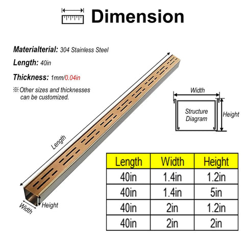 Diagram showing 40in DIY Friendly Customizable Stainless Steel Linear Drain System for outdoor use. Includes measurements and material details.