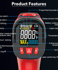 Digital Infrared Thermometer Gun With Probe For Non Contact Temperature Readings, Fast Laser Temp Gun For Cookin And Grillin On The Grill, Pizza Oven, Griddle And Meat, Adjustable Emissivity 0.1 To 1.0, 12:1 Distance To Spot, -40 To 1472 Fahrenheit. front view showing display and mode buttons