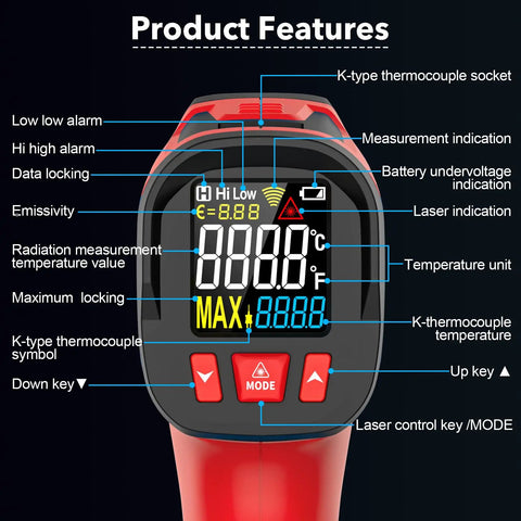 Digital Infrared Thermometer Gun With Probe For Non Contact Temperature Readings, Fast Laser Temp Gun For Cookin And Grillin On The Grill, Pizza Oven, Griddle And Meat, Adjustable Emissivity 0.1 To 1.0, 12:1 Distance To Spot, -40 To 1472 Fahrenheit. front view showing display and mode buttons