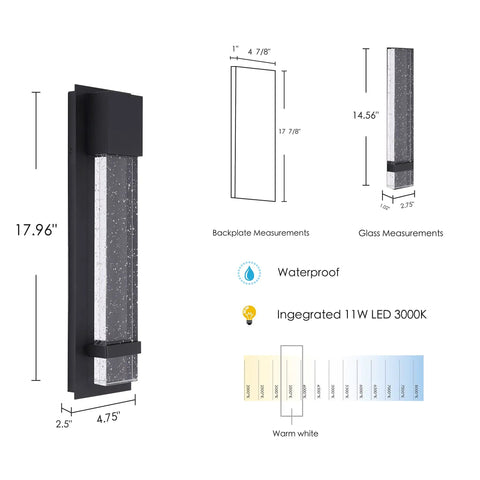 17 Inch Outdoor Wall Sconce Light, Modern LED Dimmable, Weatherproof And Dope Outdoor Lighting For Indoor Outdoor Use, Matte Black Finish With Seeded Glass, Durable Aluminum And Steel Build, Ideal For Porch Patio Or Exterior Walls measurements diagram