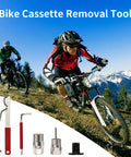 Cyclists descending mountain trail with 5 Piece Bike Cassette Removal Tool Set With Chain Whip And Auxiliary Wrench in foreground.