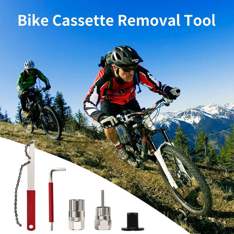 Cyclists descending mountain trail with 5 Piece Bike Cassette Removal Tool Set With Chain Whip And Auxiliary Wrench in foreground.