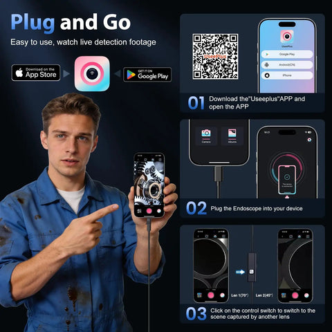 Ultra Clear Endoscope Camera With Light 1920P HD Borescope For Android And iOS Inspections With 8 Adjustable LEDs IP67 Waterproof Semi Rigid Snake Cable 18.04 Ft Long For Tight Spots And Hard To Reach Areas. app setup and phone inspection display