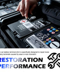 DIY Friendly Pro Grade Battery Terminal Shim Kit with Washers and Adjustment Tool shown in vehicle setup.