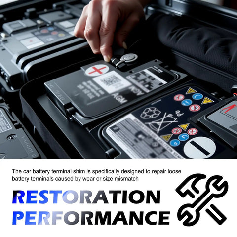 DIY Friendly Pro Grade Battery Terminal Shim Kit with Washers and Adjustment Tool shown in vehicle setup.