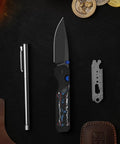 Militaw 315 KwikSwap EDC Pocket Knife 3.1 Inch M390 With DLC Ultra Aluminum And FatCarbon Nebula Handle shown on table
