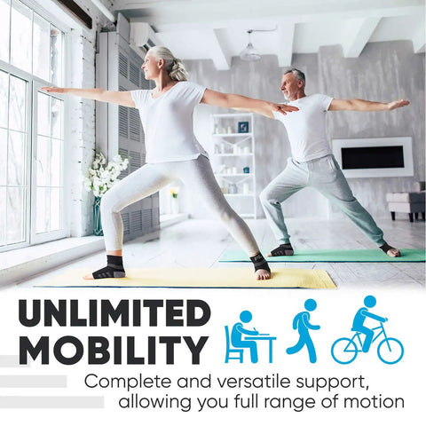 Older adults practicing yoga wearing Open Toe Plantar Fasciitis Socks for Pain Relief and Ankle Support, enhancing mobility.