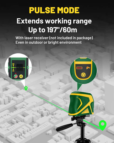 Cross Line Laser Level With Two Plumb Dots 24 Hour Battery Life Type C Charging Self Leveling Pulse Mode Dual Power Pro Grade Jobsite Tool For Indoor And Outdoor Use And Quick Setup