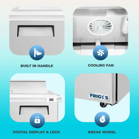 Details of Straight Up Heavy Duty 60 Inch Stainless Steel Refrigerated Sandwich Prep Table With Two Doors, including built-in handle, cooling fan, and digital lock.