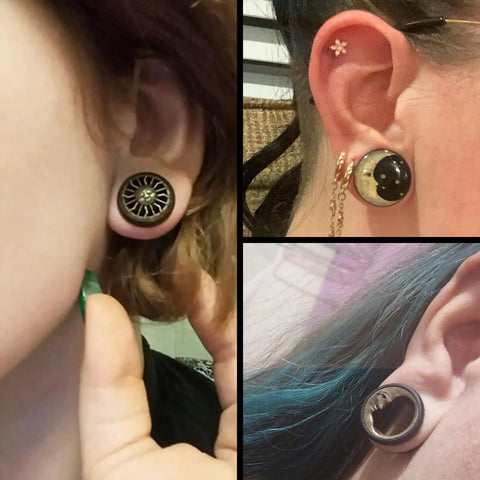 Six Piece Ear Plugs Set Sun Moon Natural Wood And Acrylic Tunnels Expander Plugs For Piercing Includes 0G 00G 8Mm 10Mm 12Mm And 14Mm Screw In Design worn in ears