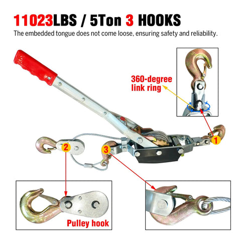 Heavy Duty 11,000 Lbs Come Along Winch With 12 Ft Steel Cable And 3 Hooks shown with handle, hooks, and pulley details.