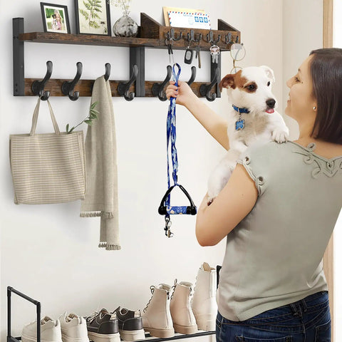 29 Inch Wall Mounted Coat Rack With Shelf And 11 Metal Hooks 4 In 1 Entryway Organizer for coats, keys, bags, hats, mail installed.
