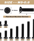 Dead Nuts Tight M5 X 8mm Black Stainless Steel Security Screws 100 Pack With T25 Torx Bit Countersunk showing various lengths.