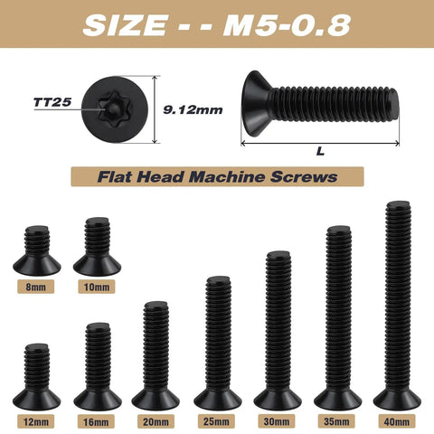 Dead Nuts Tight M5 X 8mm Black Stainless Steel Security Screws 100 Pack With T25 Torx Bit Countersunk showing various lengths.