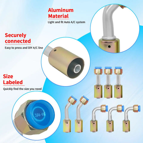 Auto AC Hose And Fitting Kit 32 Pc Set with aluminum fittings, labeled sizes, and connectors