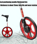 Straight Shooter Hand Pushed Measuring Wheel And Portable Telescoping Distance Tracker With Hd Lcd Screen, red thick tire with vertical positioning needle.