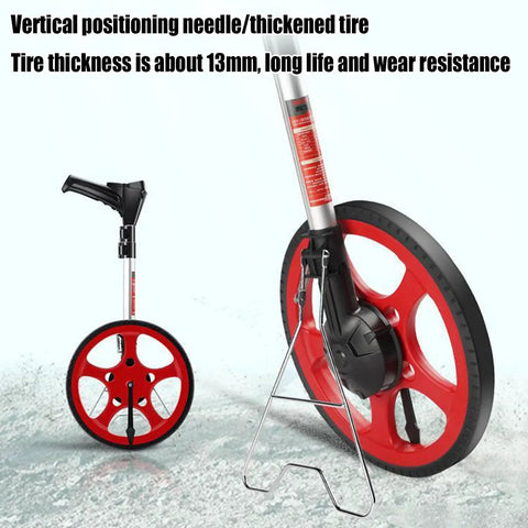 Straight Shooter Hand Pushed Measuring Wheel And Portable Telescoping Distance Tracker With Hd Lcd Screen, red thick tire with vertical positioning needle.